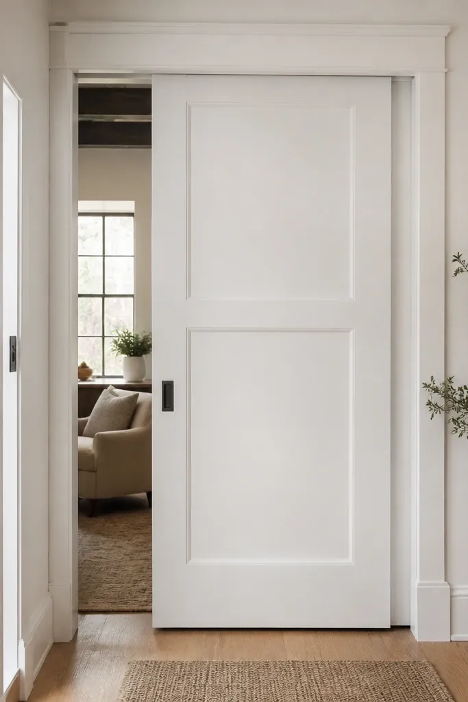 White raised-panel sliding door with concealed ceiling track