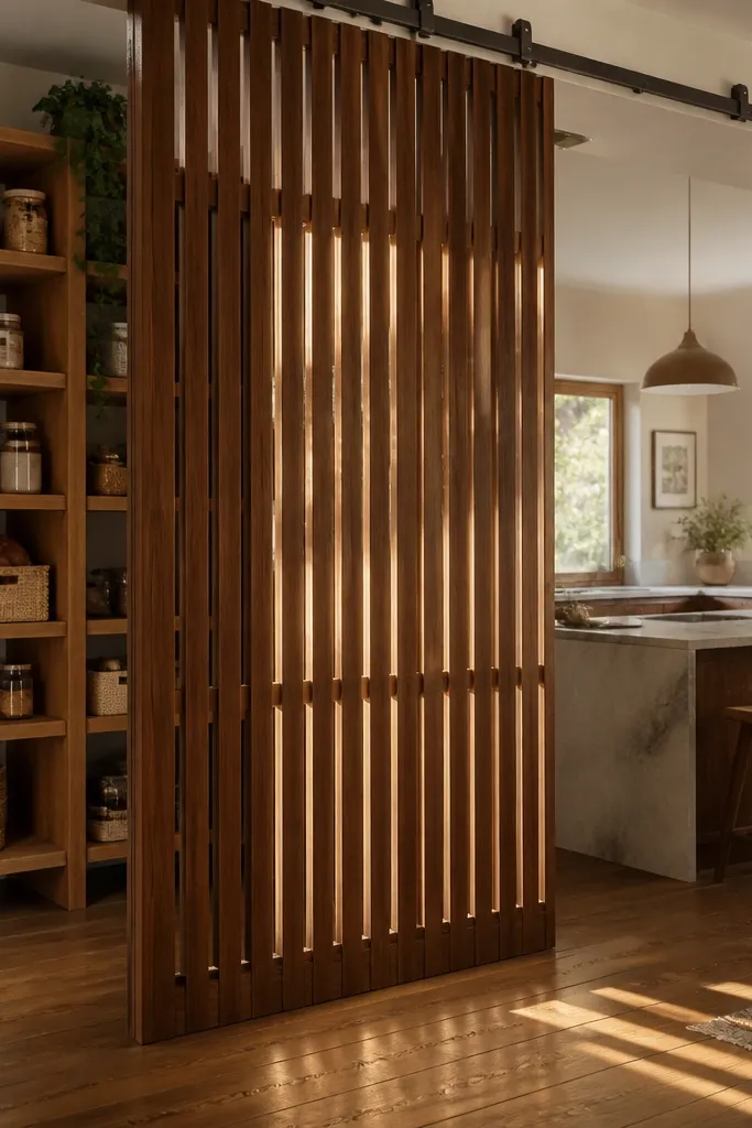 Vertical slat sliding door in warm stained wood