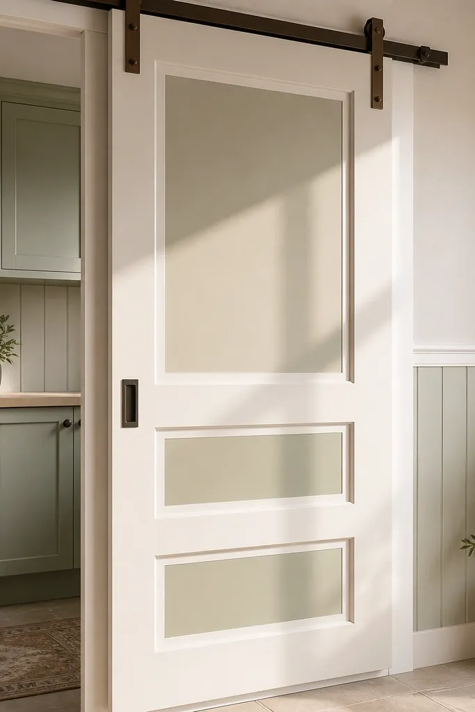 Two-tone sliding door with barn-style rail hardware