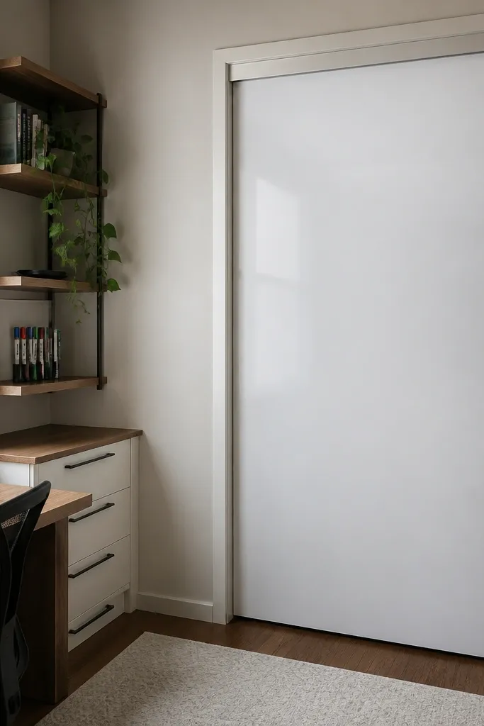 Sliding door covered with a whiteboard surface