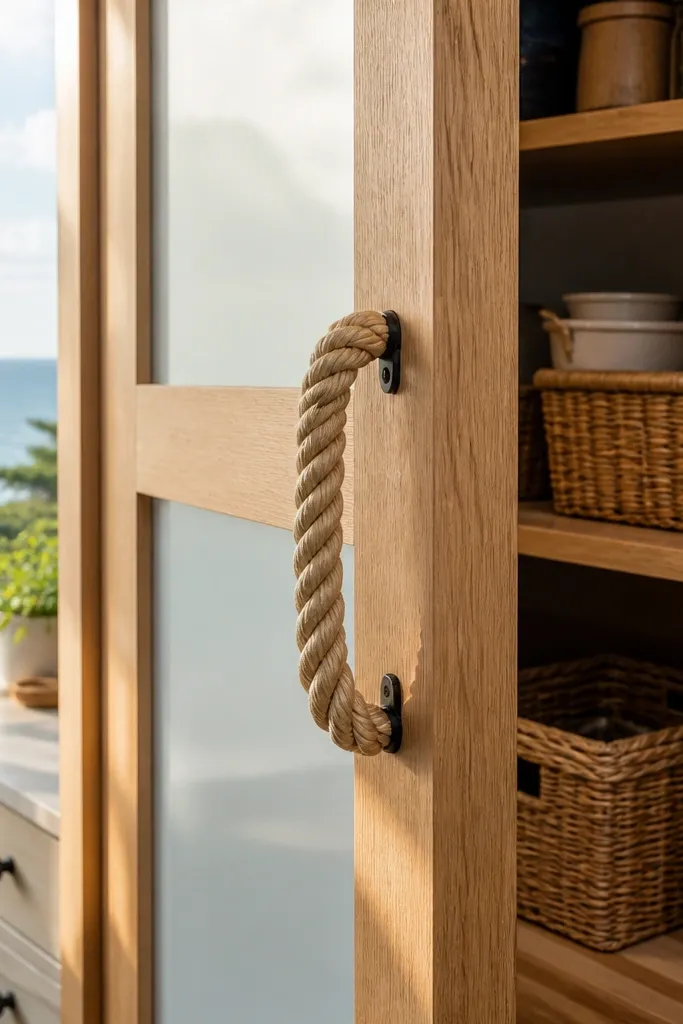 Natural wood sliding door with rope pull handle