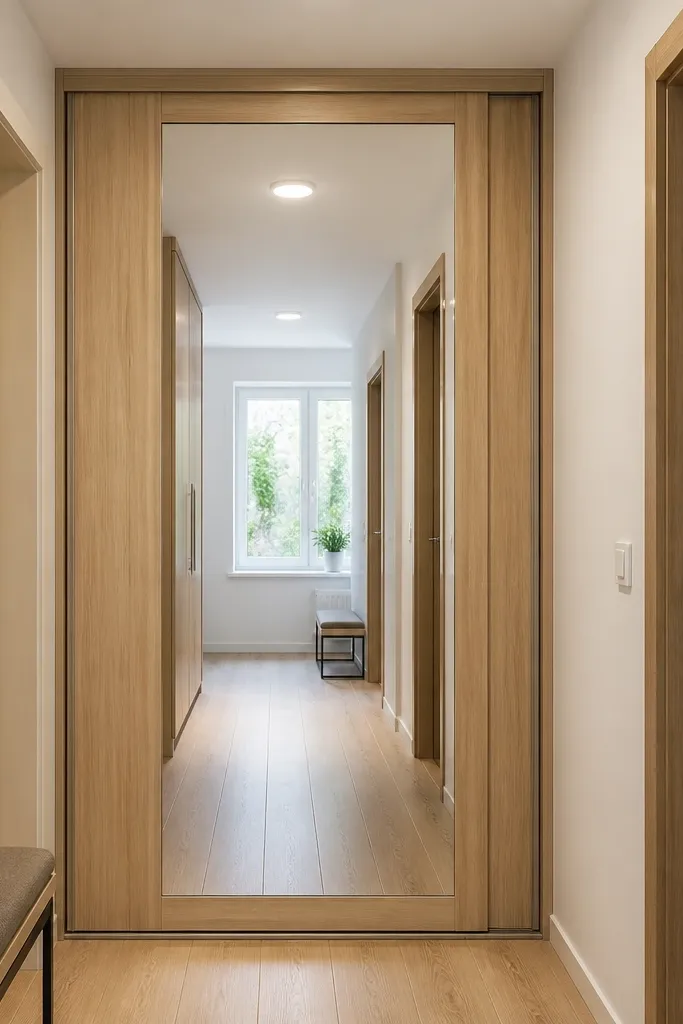 Sliding door with a mirrored panel and black track