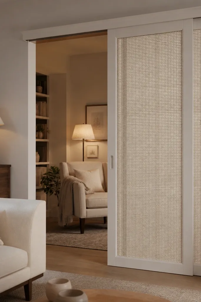Matte white sliding door with woven reed panel center
