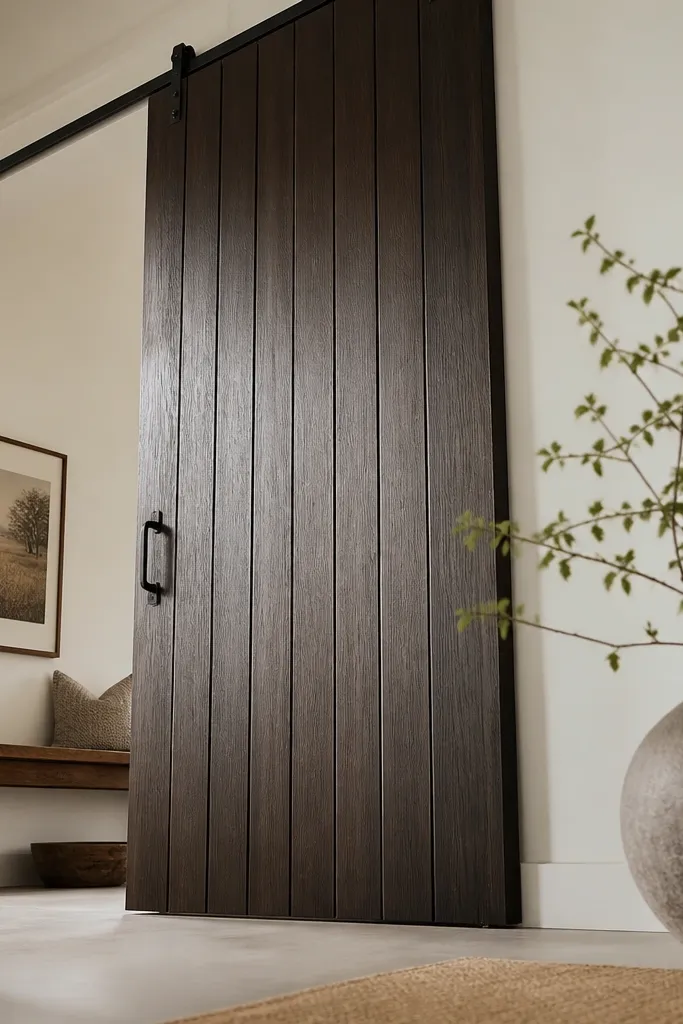 Dark stained vertical shiplap sliding door on black track