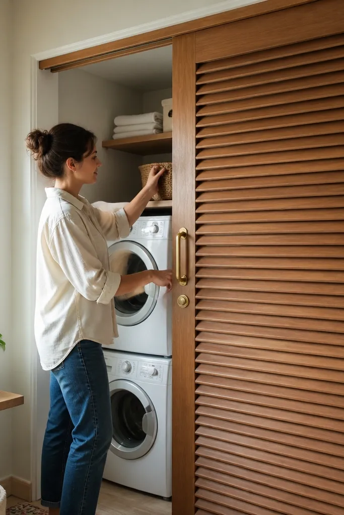 Louvered sliding door with brass pull and warm wood finish