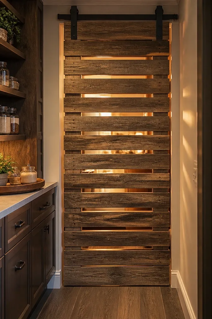 Wood slat barn-style sliding door with visible spacer gaps