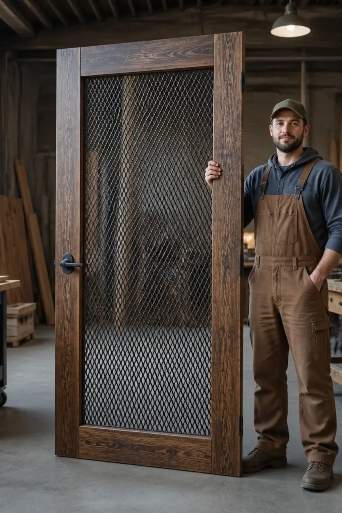 Rustic wood sliding door with metal mesh panel