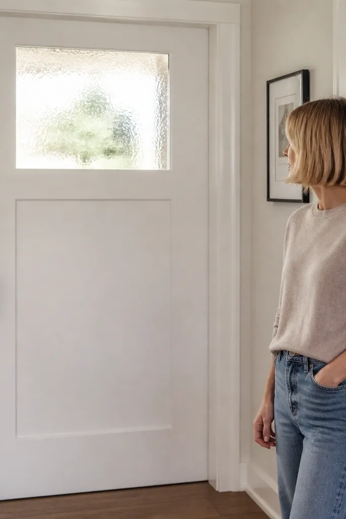 White framed sliding door with small glass window at top
