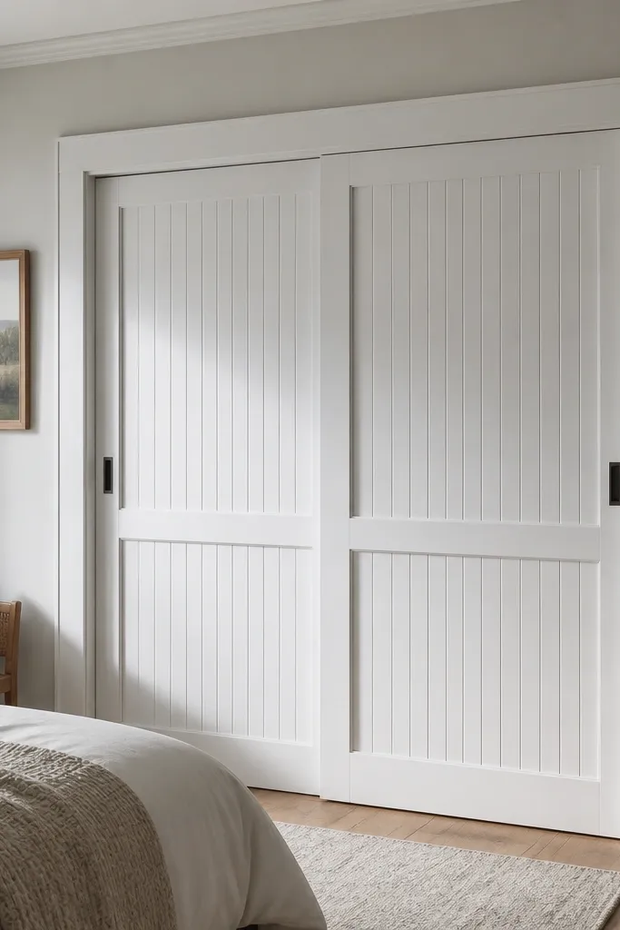 Beadboard sliding door with wainscot-style trim and white paint