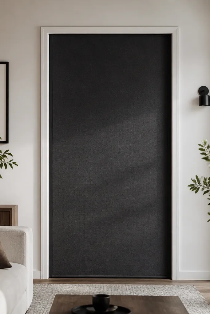 Sliding door frame with stretched blackout fabric panel