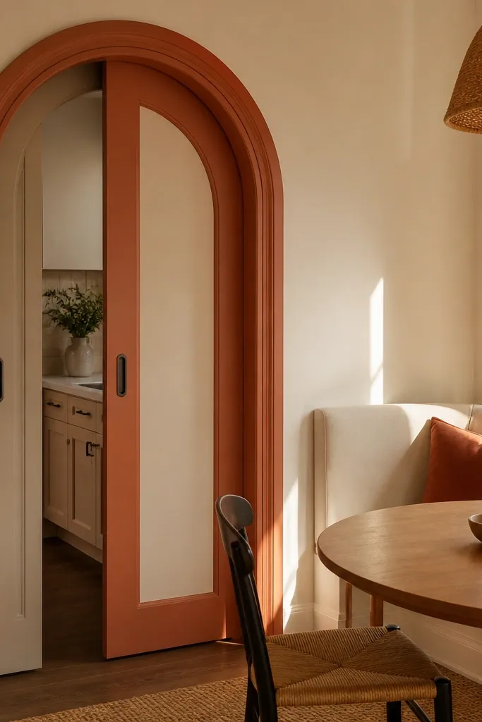 Cream and terracotta sliding door with arched top frame