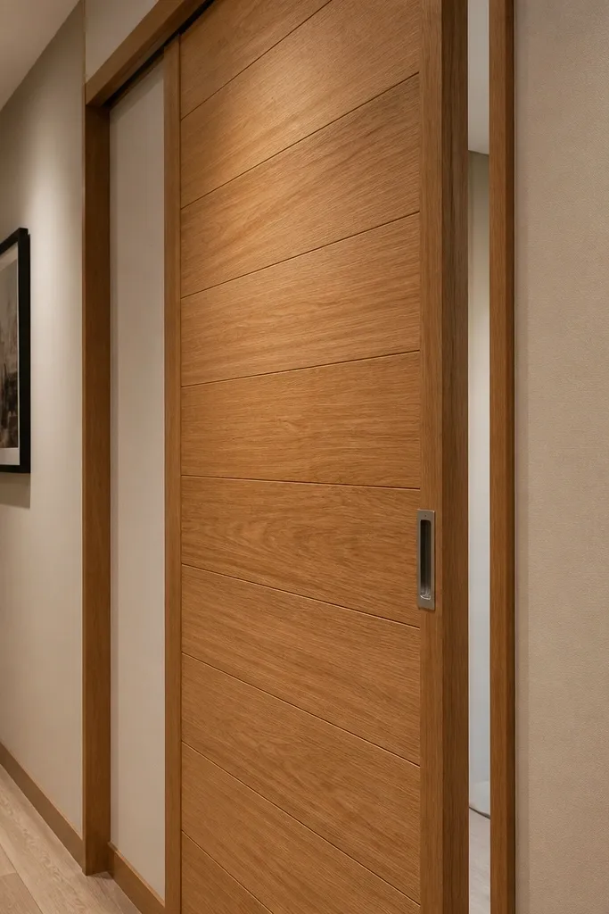 Slim horizontal oak veneer sliding door with minimal frame