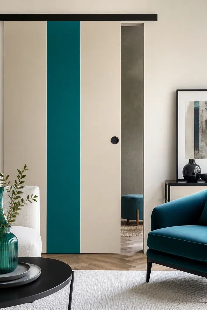 Sliding door with a bold vertical stripe and matching track