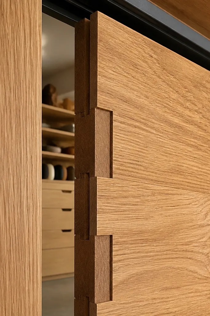 Sliding door with half-lap joints and exposed wood edges