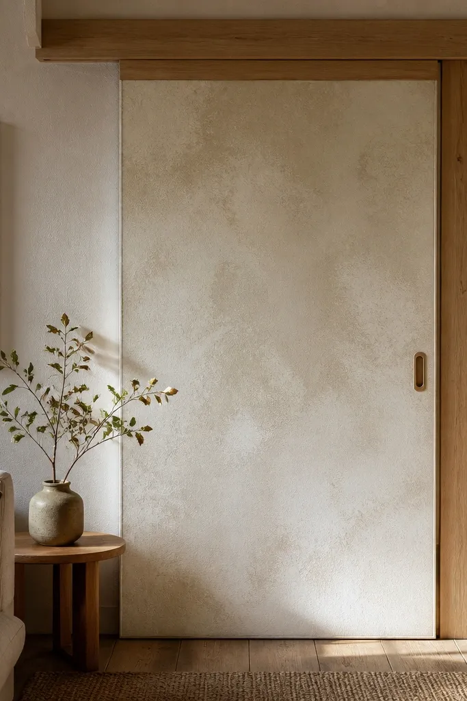 Textured limewash sliding door panel with white track