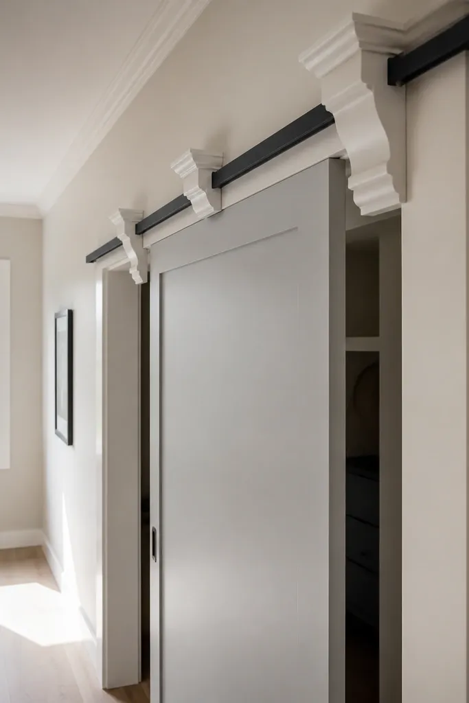 Sliding door with decorative corbel blocks under the track