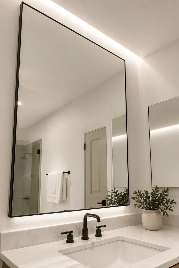 Tall mirror with a thin black frame above a small sink vanity