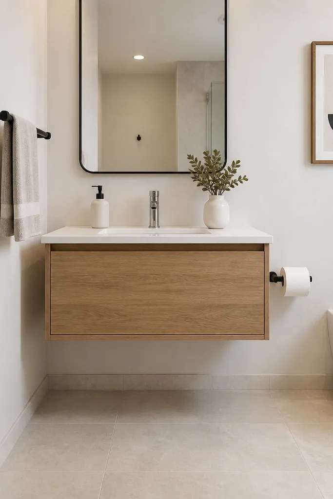 Wall-mounted vanity with visible floor space underneath and simple hardware