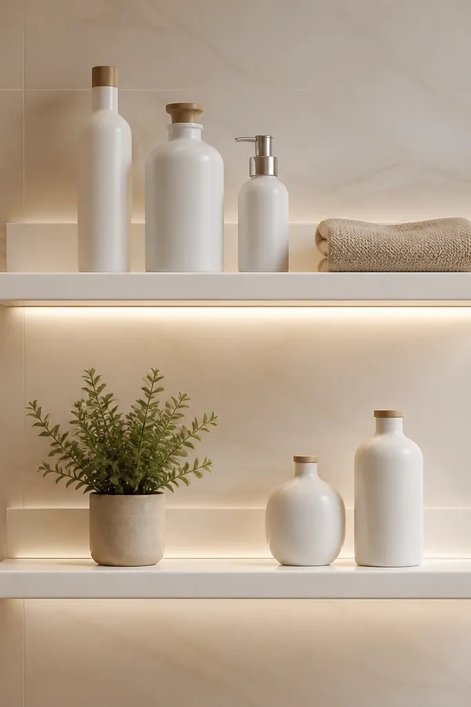 Two floating shelves above a sink with a small tile backsplash strip