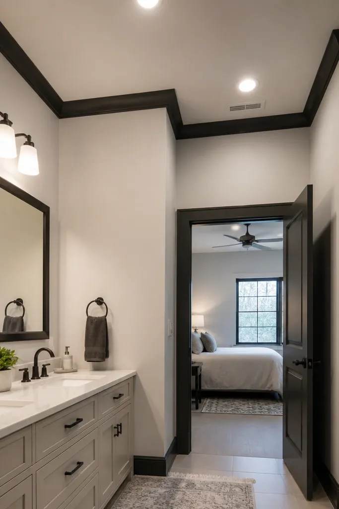 Soft white bathroom walls with a slightly darker trim line at the ceiling