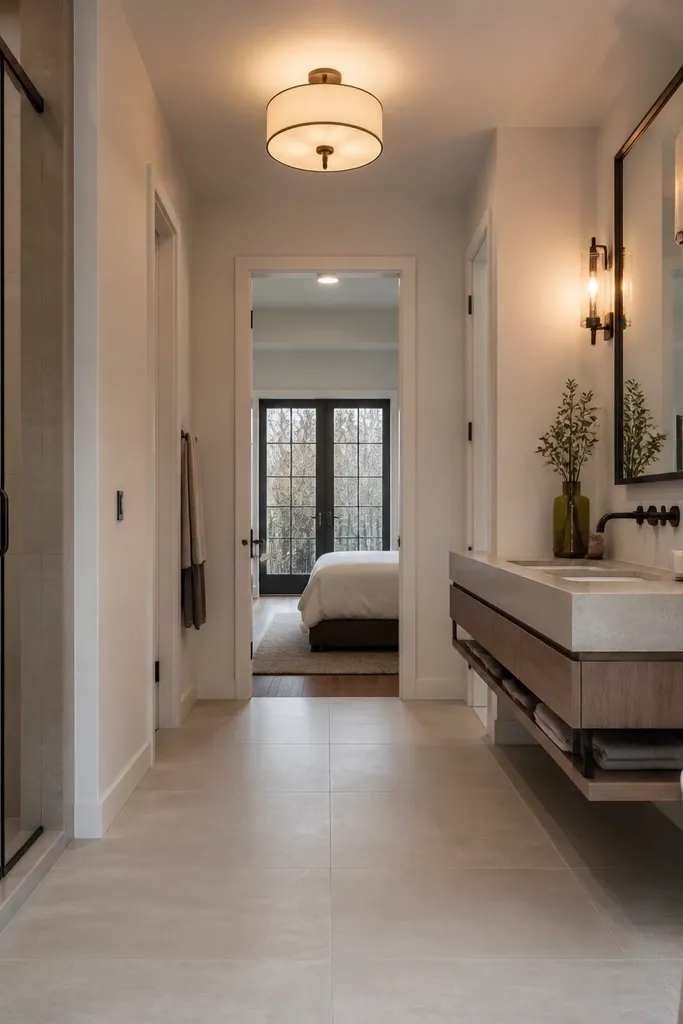 Light floor and wall tile with long rectangular pieces aligned in one direction