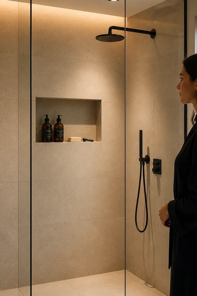 Built-in shower niche with the same tile as the surrounding wall