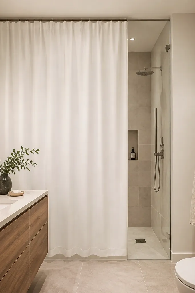 Shower curtain hung from near the ceiling with a long drape