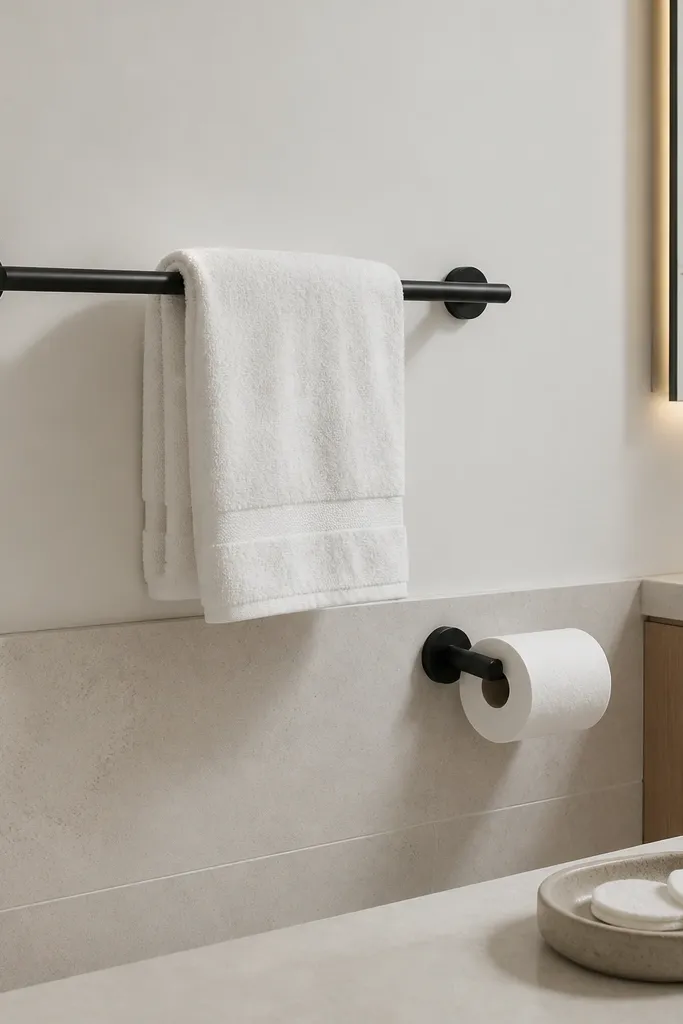Matte black towel bar and toilet paper holder aligned on a small bathroom wall