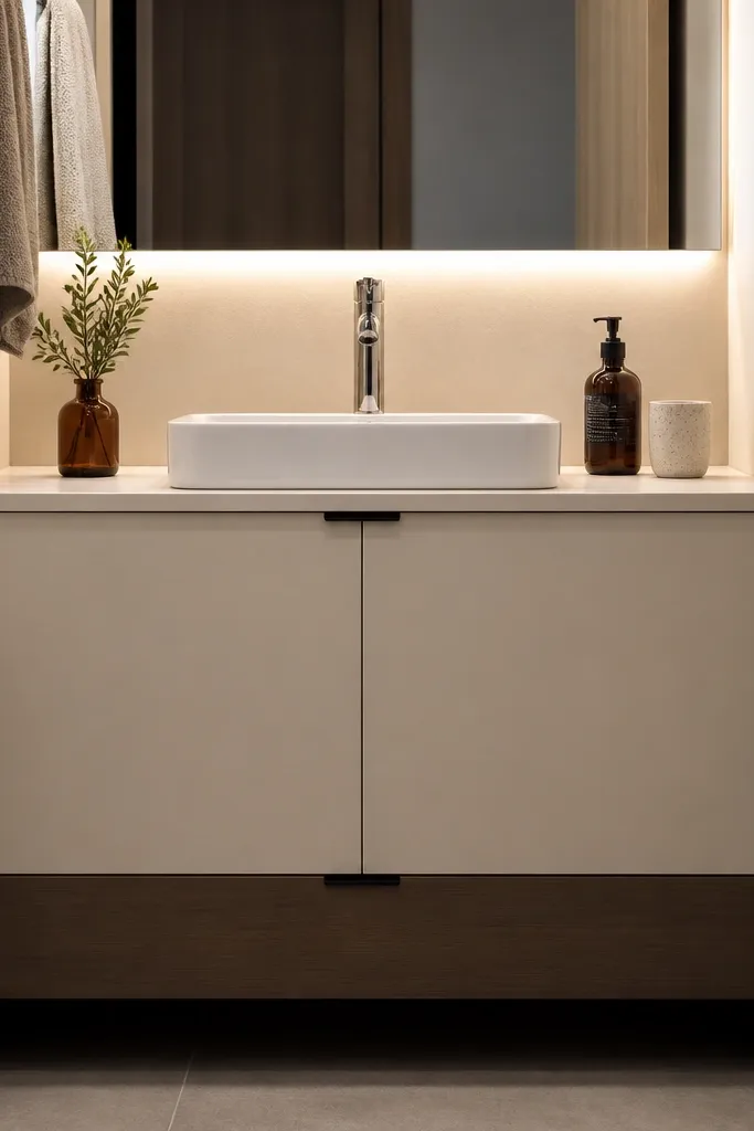 Vanity with flat doors and drawers replacing raised-panel style