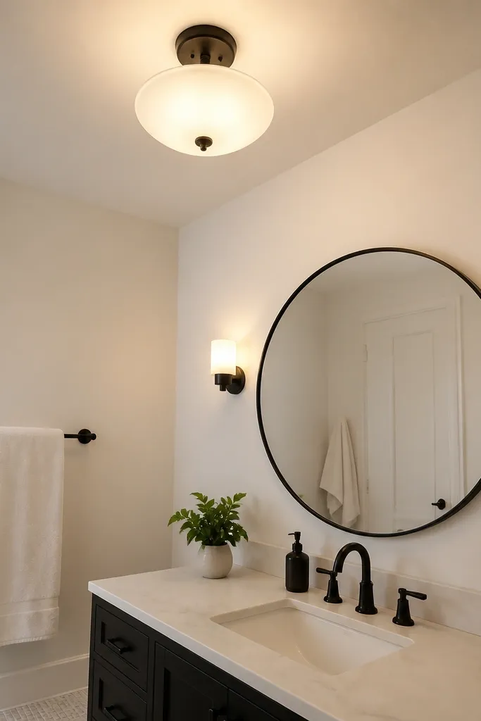 Modern ceiling light with a wide glass shade in a small bathroom