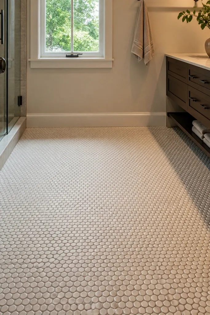 White penny tile floor with darker grout lines in a small bathroom
