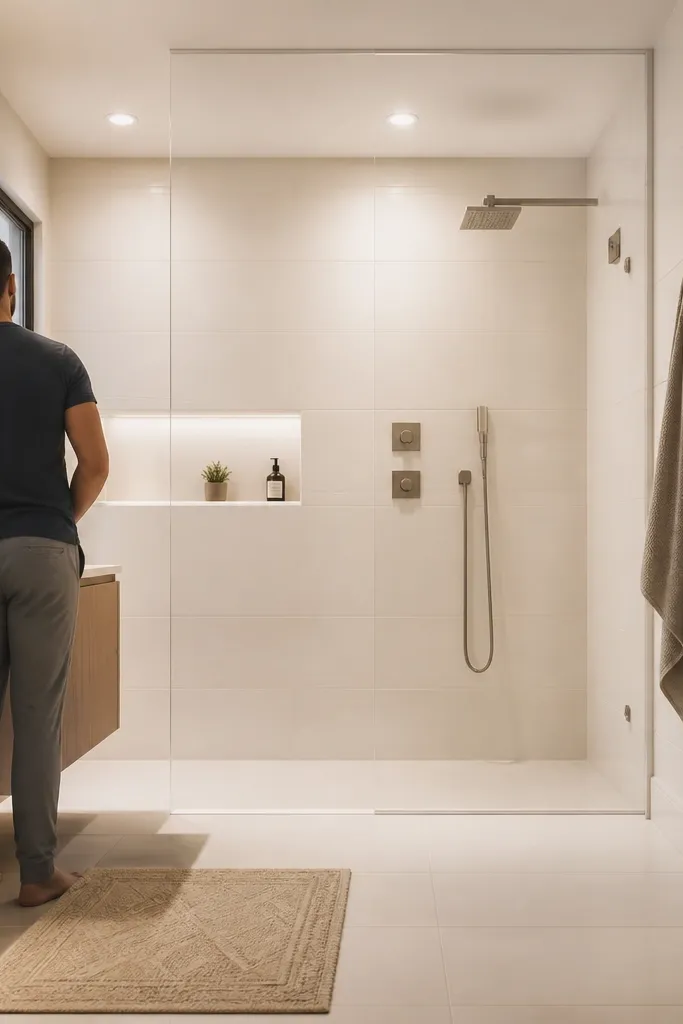 Clear glass shower panel with minimal metal framing in a small bathroom