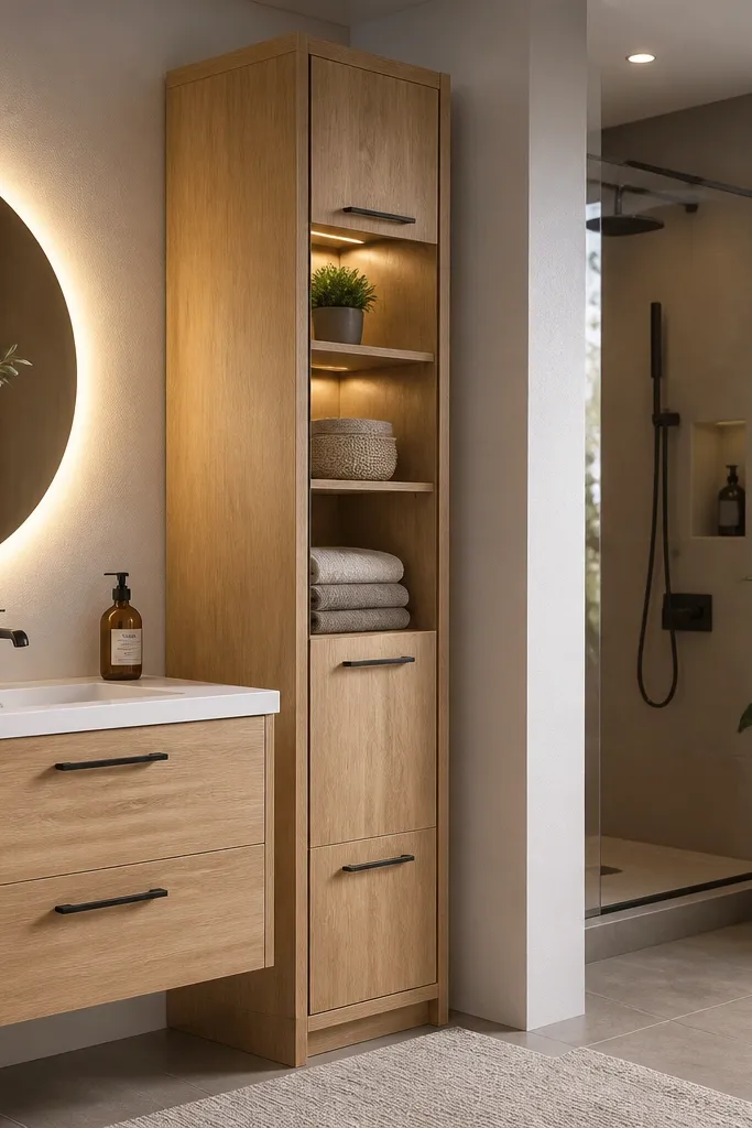Slim tall cabinet in light oak with doors beside a toilet