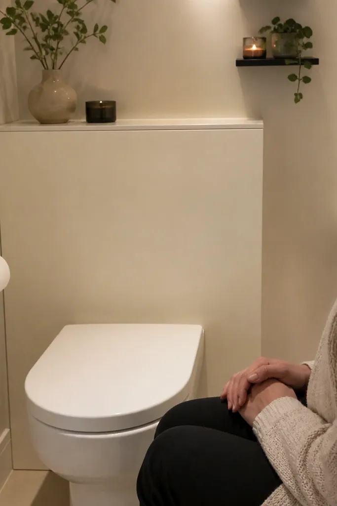 Flat-front toilet tank cover painted to match the vanity wall color