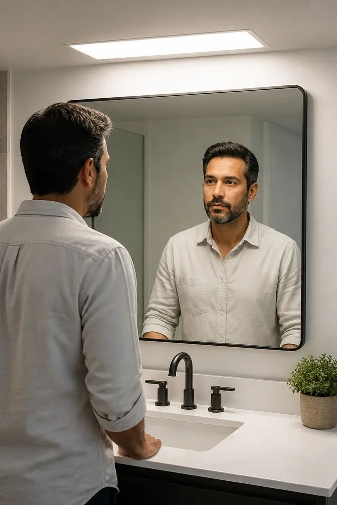 Flush LED ceiling panel centered above a mirror in a small bathroom