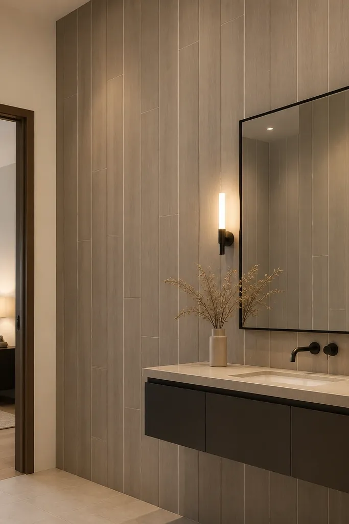 Vertical light wall panels with thin grout-like lines and a bright vanity glow