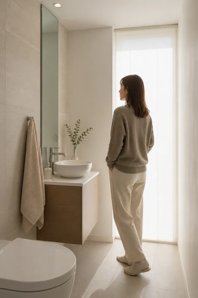 Ceiling-to-floor sheer shade with a bright window glow and soft wall reflections