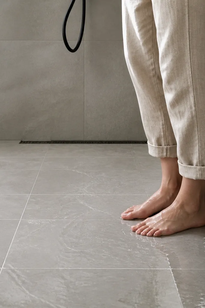 Matte beige 60x60 tiles on a wet-room style floor with dark grout lines