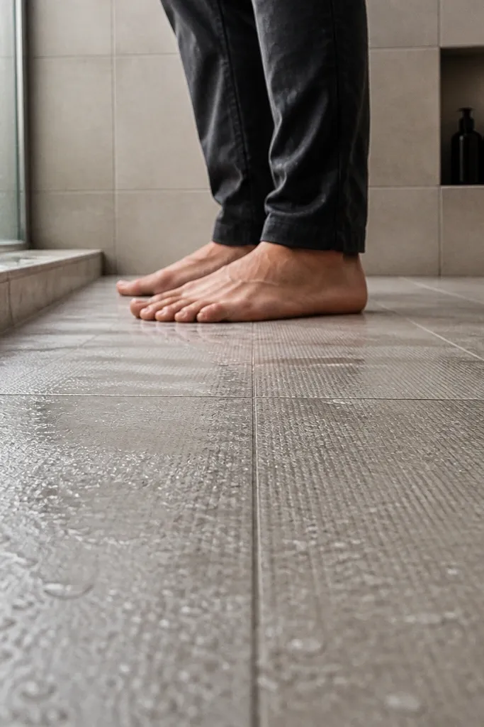 Textured matte tiles with subtle ridges and small grout spacing on a bathroom floor