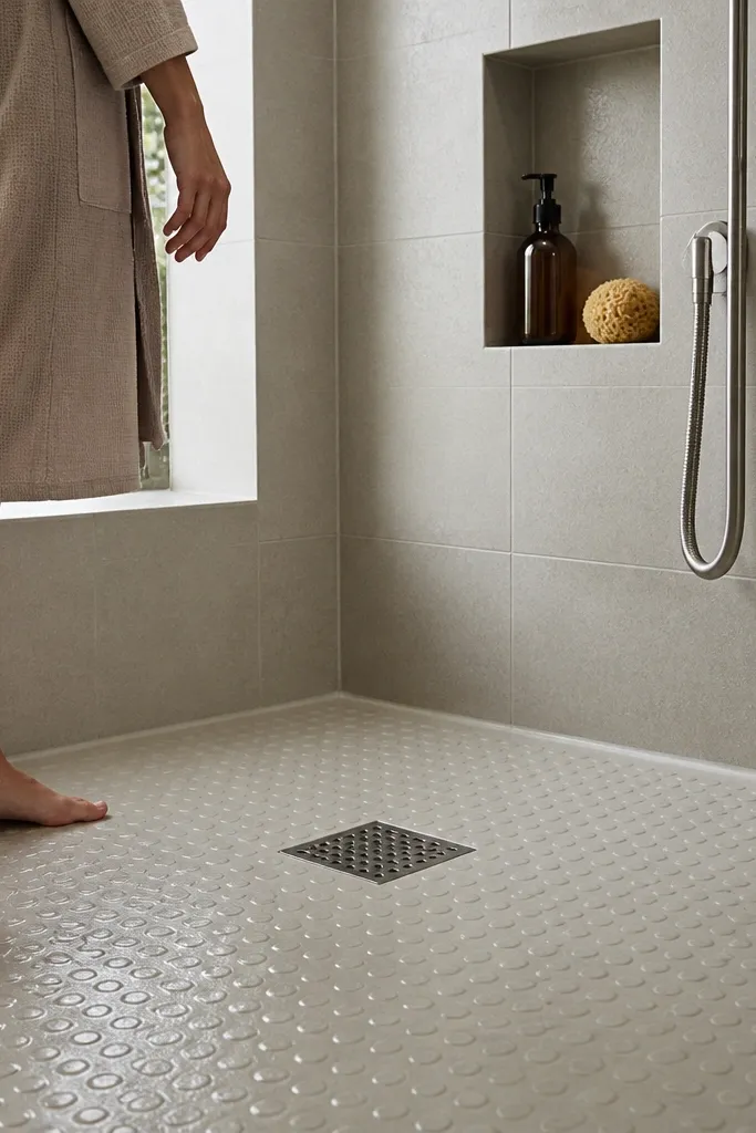 Matte floor tiles with small raised dots arranged in a grid pattern