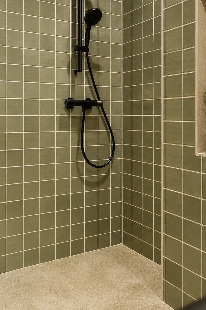 10x10 ceramic tiles in a small bathroom with grout lines around a vanity splash area