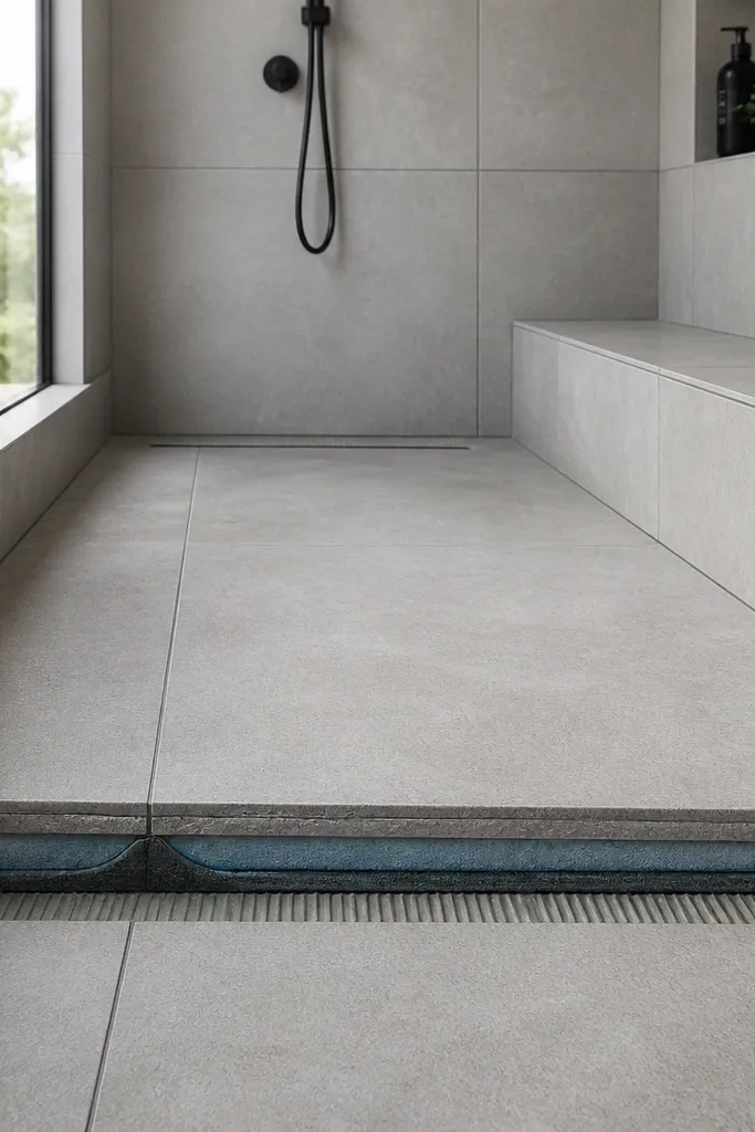 Large-format stone-look porcelain tiles on a small wet-room floor with minimal grout lines