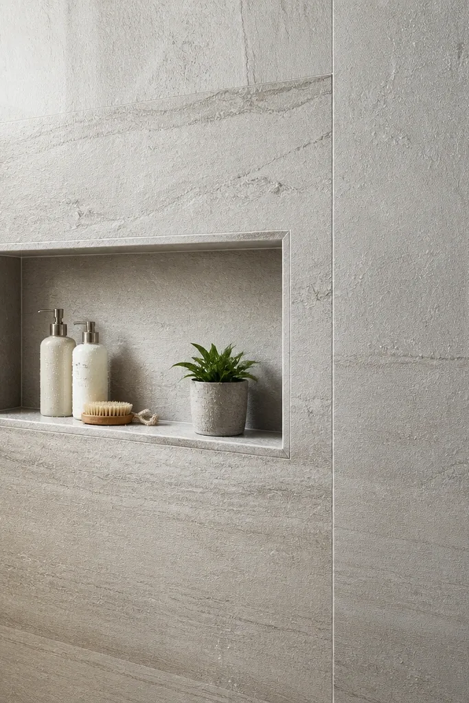 Matte honed stone-look porcelain wall tiles in a wet-room style shower