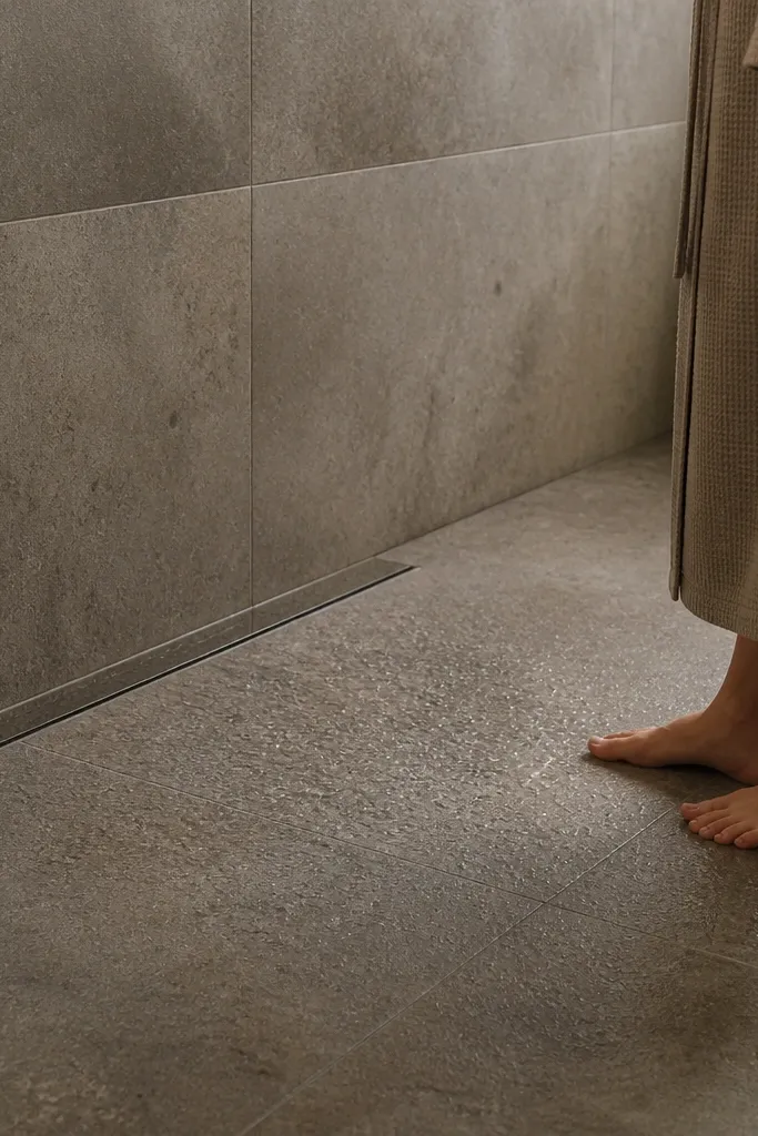 Cement-look matte porcelain tiles with subtle speckling and light texture