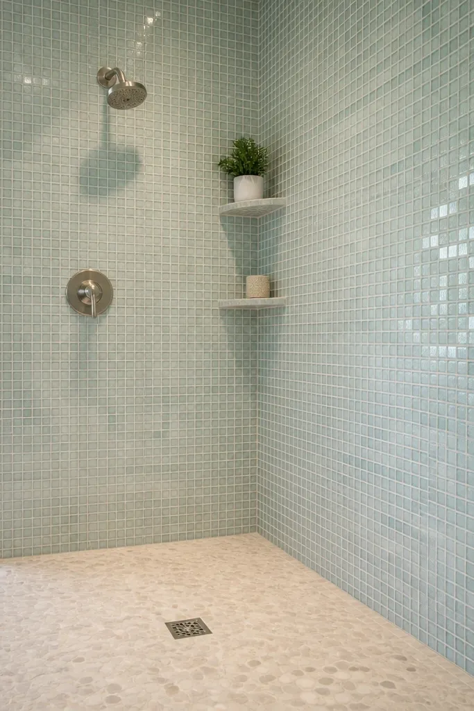 Glass mosaic tiles on a wet-room shower wall with light-reflecting highlights