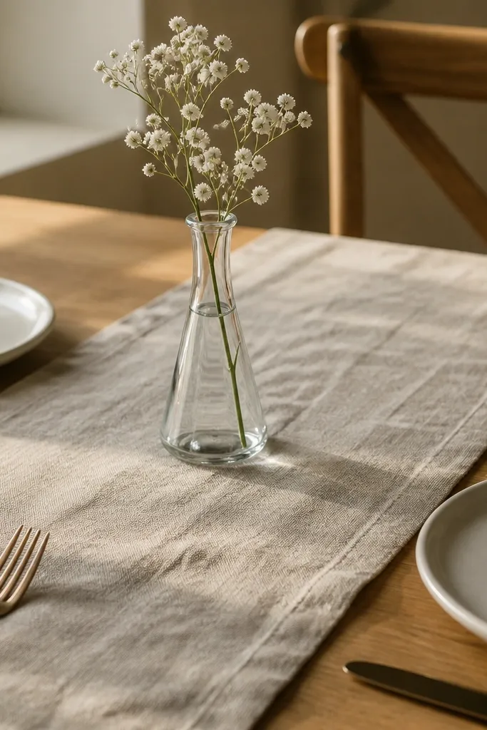 Light linen runner with one small bud vase and a few stems