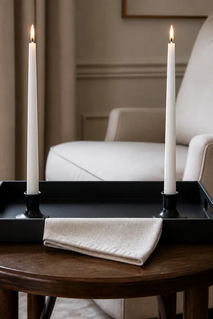 Black tray with two white taper candles and a folded linen napkin