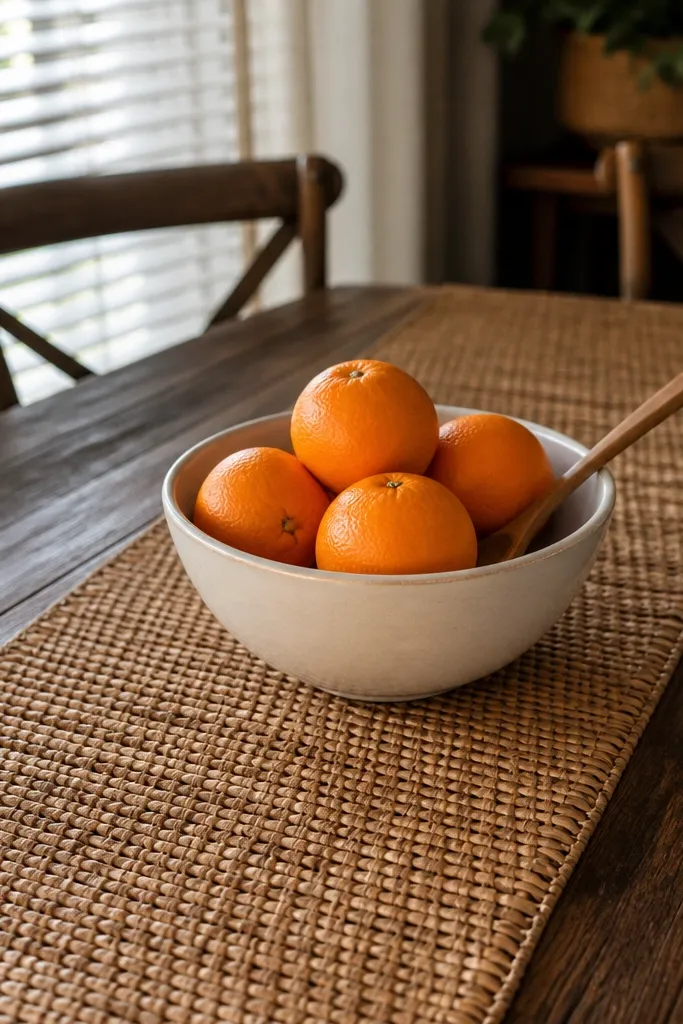 Woven rattan runner with a ceramic bowl holding oranges