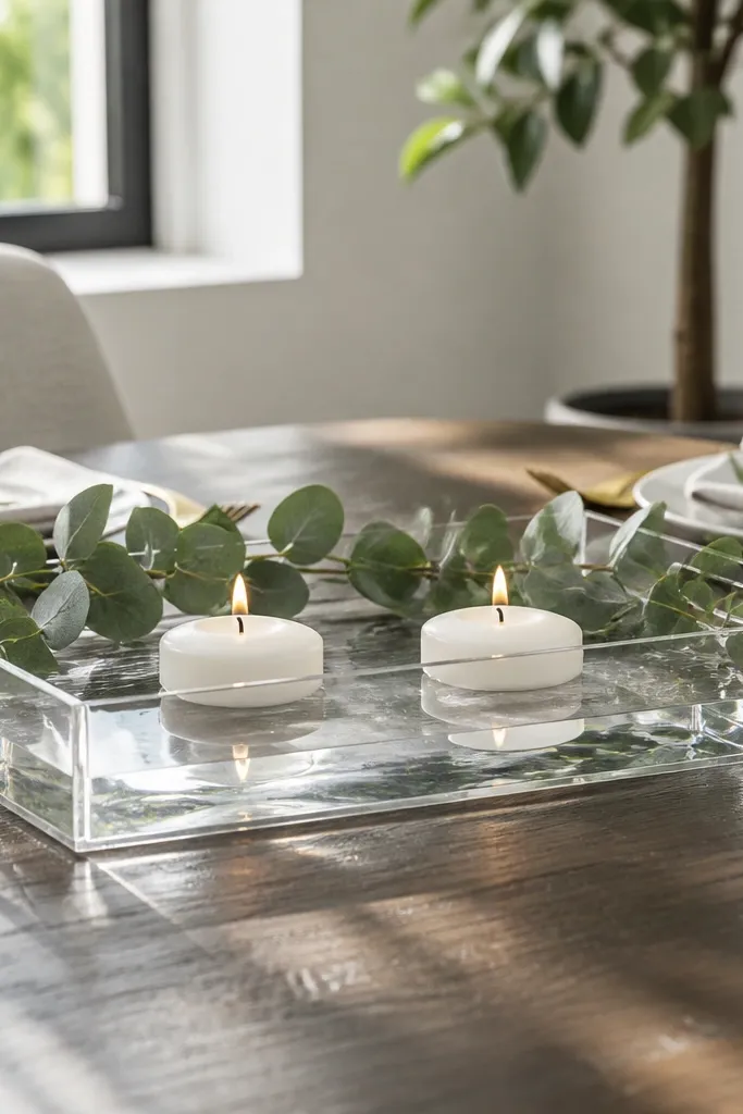 Clear acrylic tray with a shallow water dish, eucalyptus, and candles