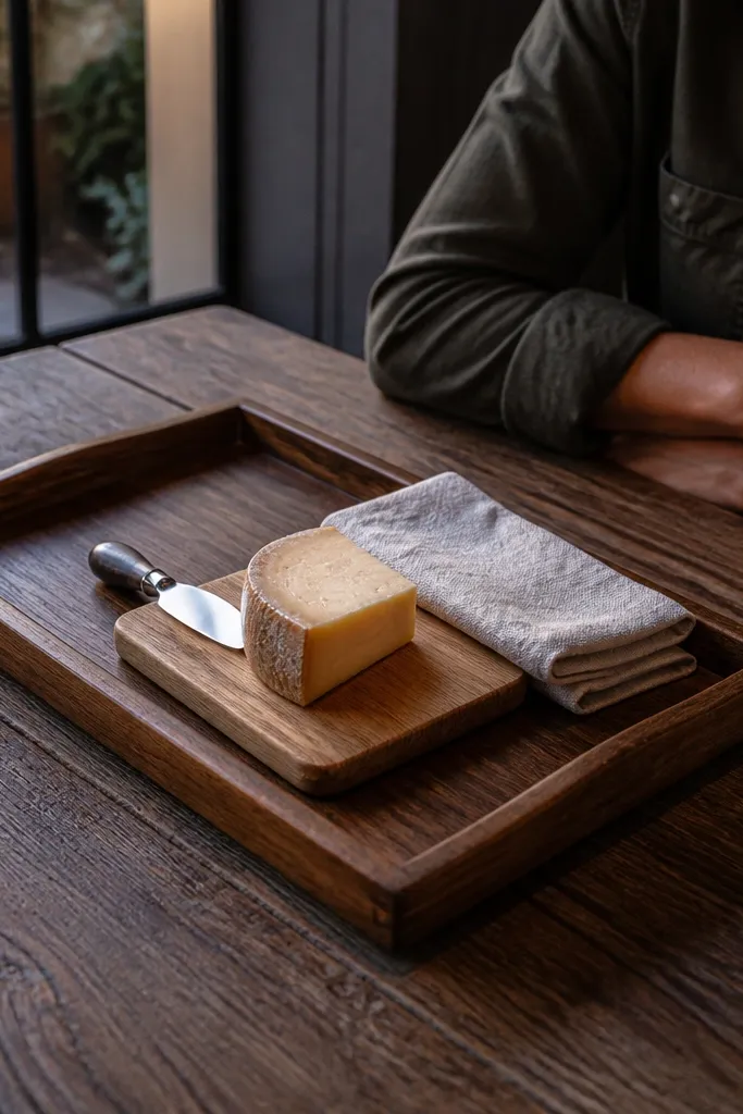 Wood tray holding a small cutting board and a cheese knife